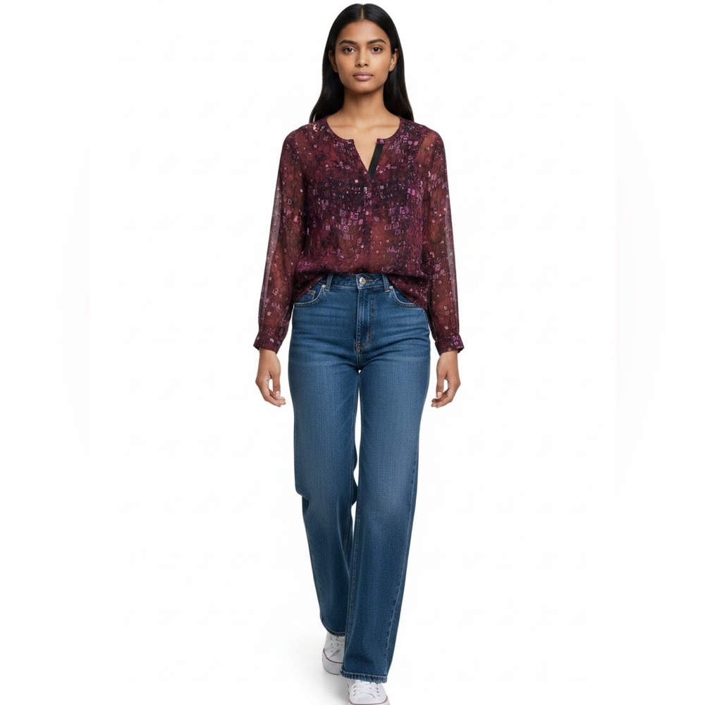 Anthropologie Meadow Rue Blouse Top Sz S Burgundy Abstract Print Metallic Sheer